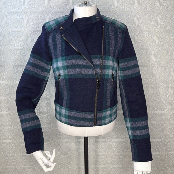 GAP | Blue & Green Plaid Short Cropped Wool Blend Moto Jacket, Size S - Picture 9 of 15